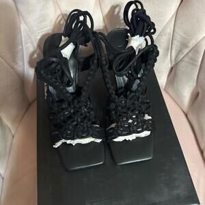 INC Black Strappy Woven Brayd Square Toe Stiletto Lace-Up Dress Heeled Sandal